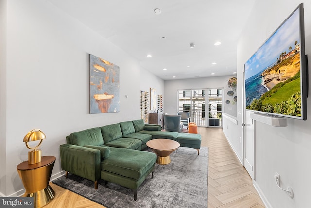 living room featuring light parquet floors