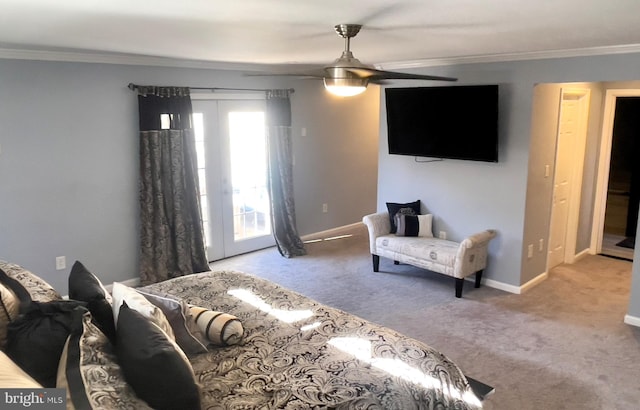 bedroom featuring crown molding, ceiling fan, access to exterior, and light colored carpet