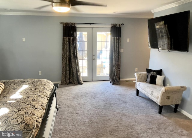 carpeted bedroom featuring french doors, ceiling fan, crown molding, and access to exterior