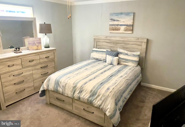 bedroom with light carpet and ornamental molding