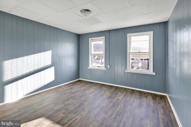 empty room with wood walls and dark hardwood / wood-style flooring