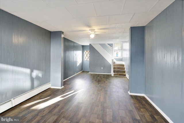 spare room featuring dark wood-type flooring, ceiling fan, wood walls, and a baseboard radiator