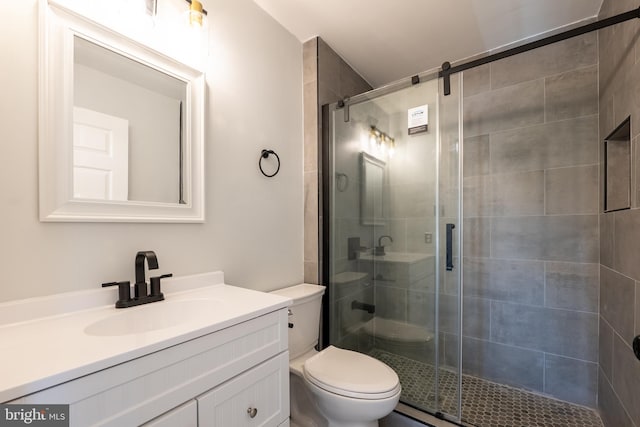 bathroom with a shower with door, vanity, and toilet