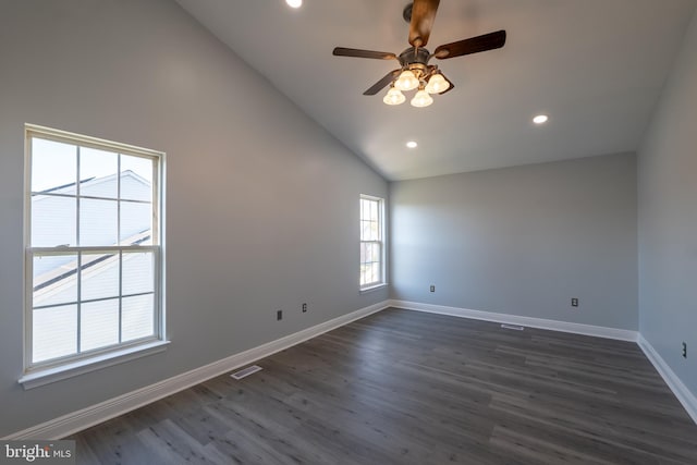 unfurnished room with ceiling fan, high vaulted ceiling, and dark hardwood / wood-style flooring