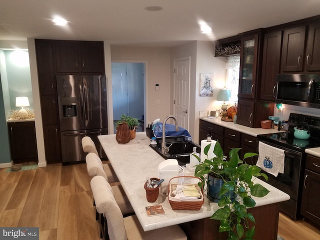 kitchen with dark brown cabinetry, light hardwood / wood-style floors, and appliances with stainless steel finishes