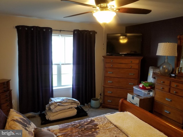 carpeted bedroom featuring multiple windows and ceiling fan