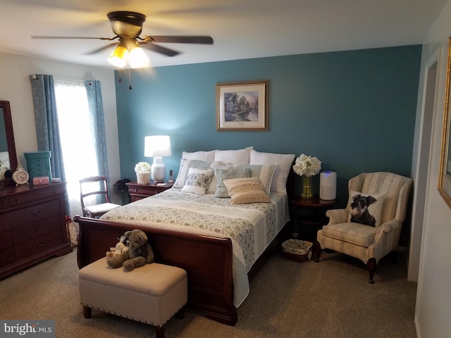 bedroom featuring light carpet and ceiling fan