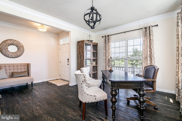 home office with ornamental molding, dark wood-type flooring, and a notable chandelier