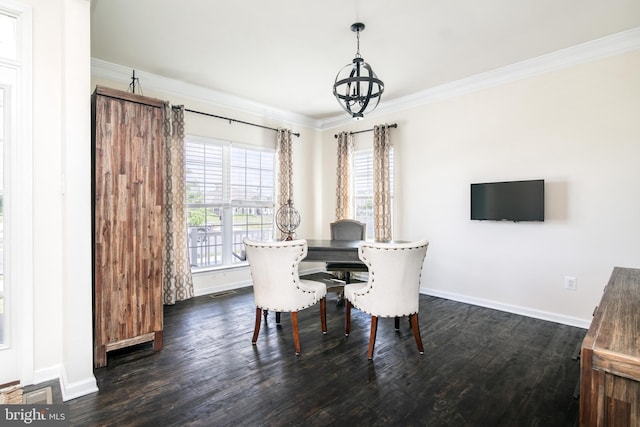 dining room featuring crown molding, a notable chandelier, and dark wood-type flooring