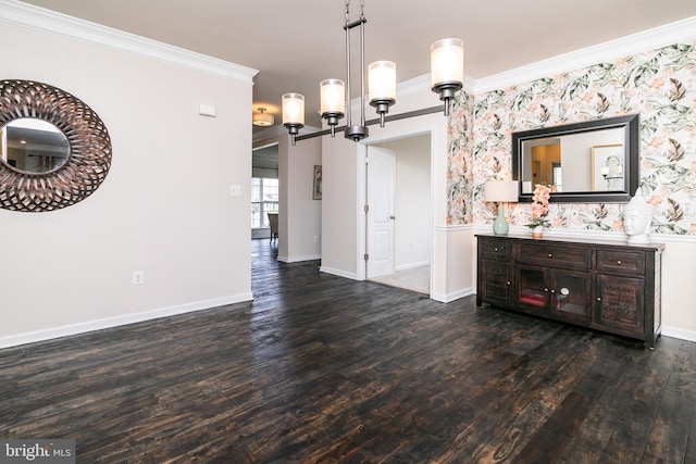 dining space featuring crown molding and dark wood-type flooring