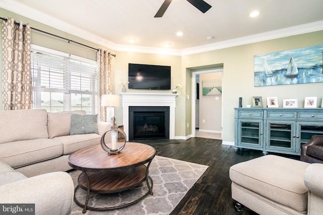 living room featuring crown molding, dark hardwood / wood-style floors, and ceiling fan