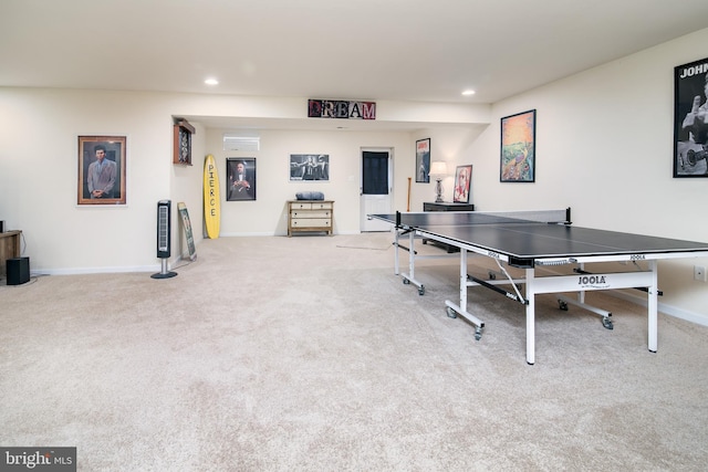 playroom featuring light colored carpet