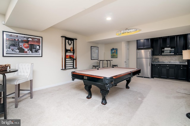 rec room featuring billiards and light colored carpet