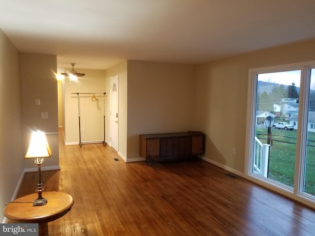 empty room featuring ceiling fan and hardwood / wood-style floors