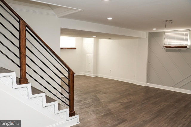 12507 Greenly St, Silver Spring, MD 20906 - basement featuring stairway, wood finished floors, recessed lighting, baseboards, and ornamental molding