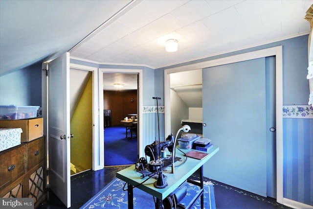 office featuring crown molding and vaulted ceiling