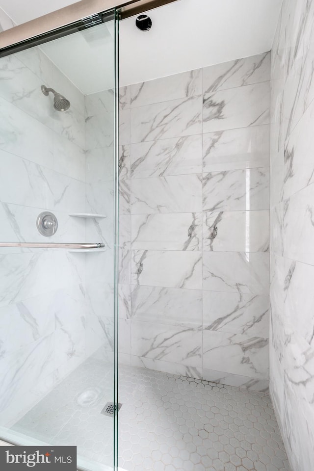 bathroom featuring a shower with shower door