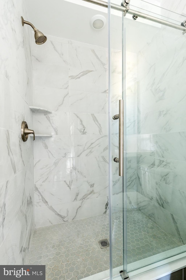 bathroom featuring a shower with shower door