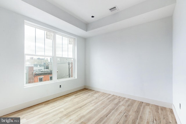 empty room with light wood-type flooring and a raised ceiling