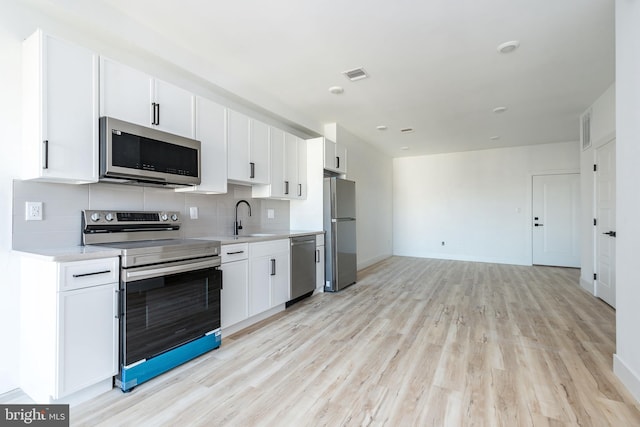 kitchen featuring stainless steel appliances, white cabinets, light hardwood / wood-style floors, backsplash, and sink