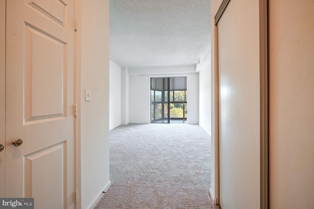 corridor featuring a textured ceiling and carpet floors