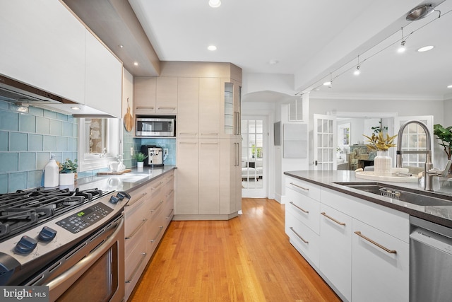 4619 Langdrum Ln, Chevy Chase, MD 20815 - kitchen featuring tasteful backsplash, a sink, light wood finished floors, ornamental molding, and stainless steel appliances