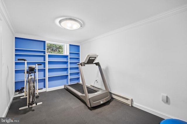 4619 Langdrum Ln, Chevy Chase, MD 20815 - workout room with crown molding, baseboards, built in features, and a baseboard heating unit