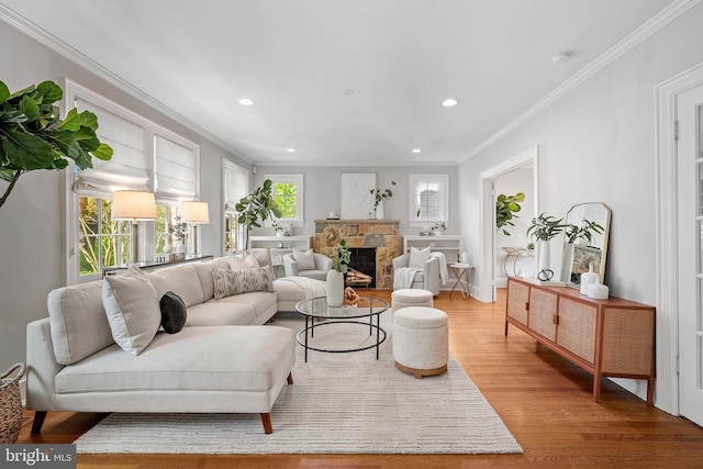 4619 Langdrum Ln, Chevy Chase, MD 20815 - living room featuring recessed lighting, ornamental molding, wood finished floors, and a fireplace