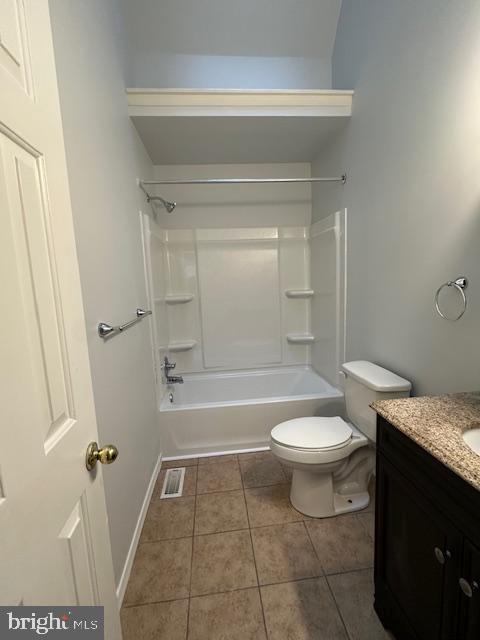 full bathroom with tile patterned floors, shower / tub combination, vanity, and toilet