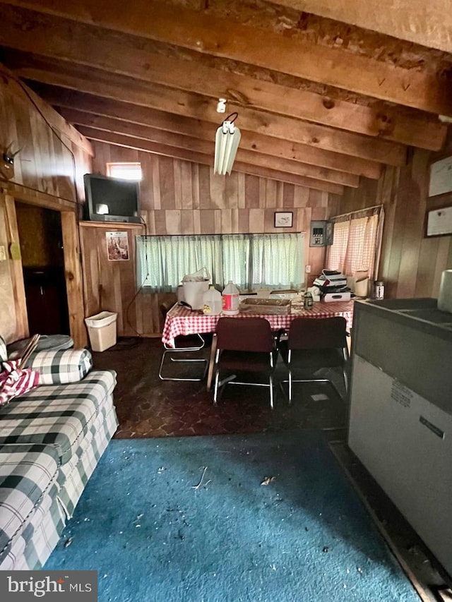 miscellaneous room with lofted ceiling and wood walls