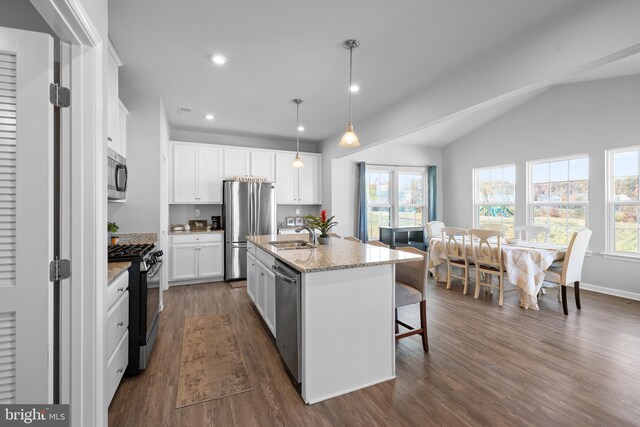 kitchen with appliances with stainless steel finishes, an island with sink, pendant lighting, white cabinets, and dark hardwood / wood-style floors