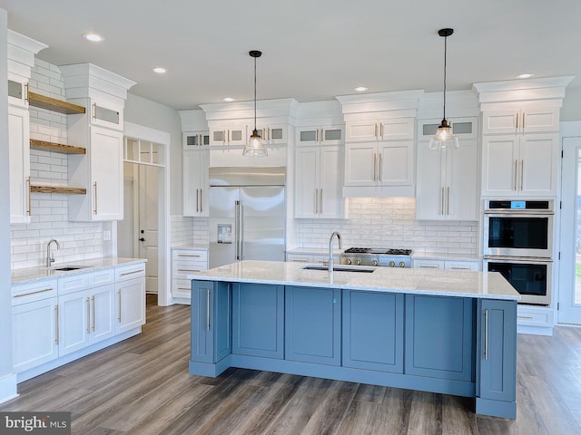 76 Long Ln, Kirkwood, PA 17536 - kitchen with white cabinets, open shelves, a sink, tasteful backsplash, and appliances with stainless steel finishes