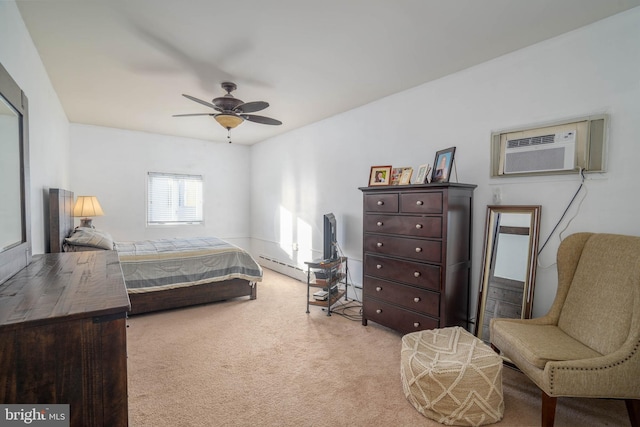 carpeted bedroom featuring a baseboard radiator, a wall unit AC, and ceiling fan