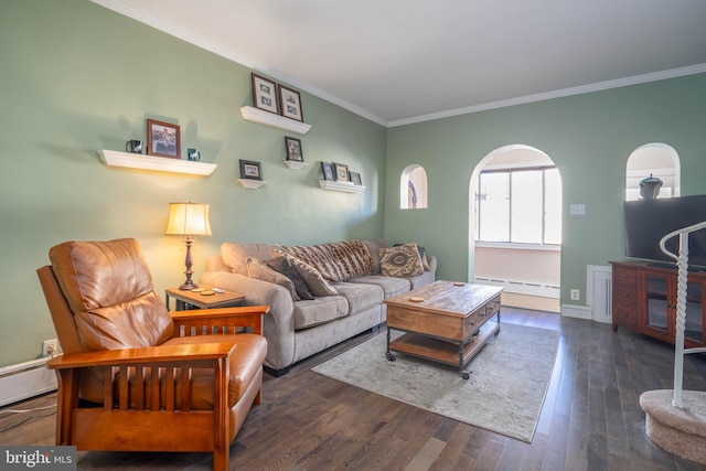 living room with ornamental molding, dark hardwood / wood-style flooring, and baseboard heating