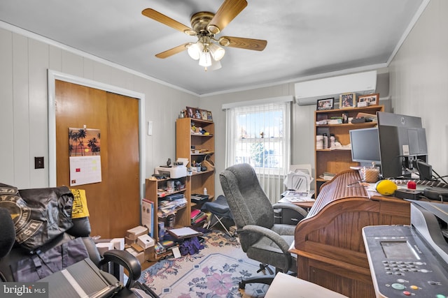 office area with ceiling fan, ornamental molding, and a wall unit AC