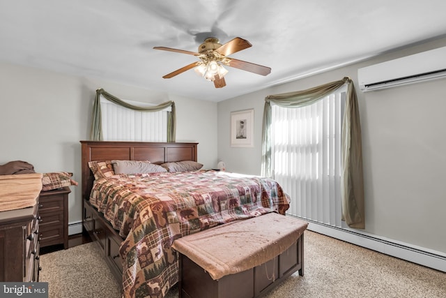 carpeted bedroom with ceiling fan, an AC wall unit, and a baseboard heating unit