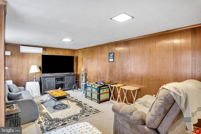 living room with wooden walls, a wall mounted AC, and light carpet