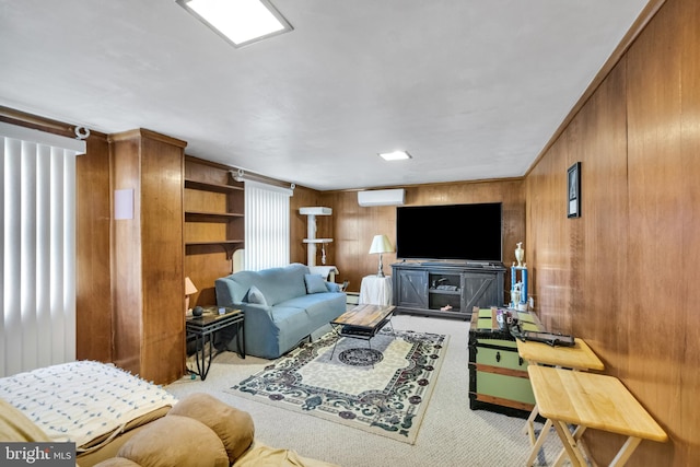 carpeted living room featuring an AC wall unit, ornamental molding, a baseboard heating unit, and wooden walls