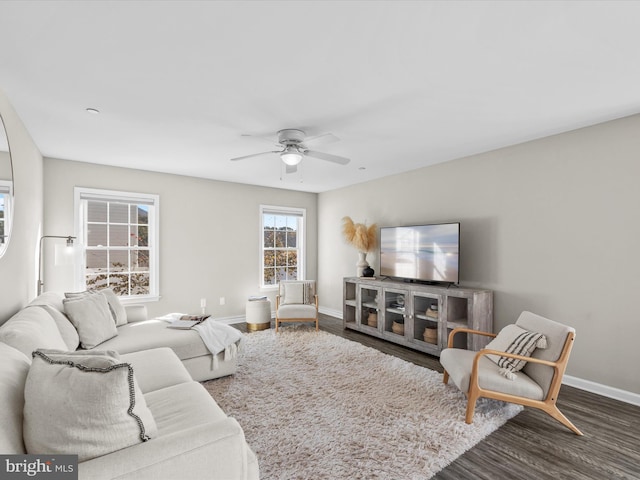 living room featuring hardwood / wood-style flooring and ceiling fan