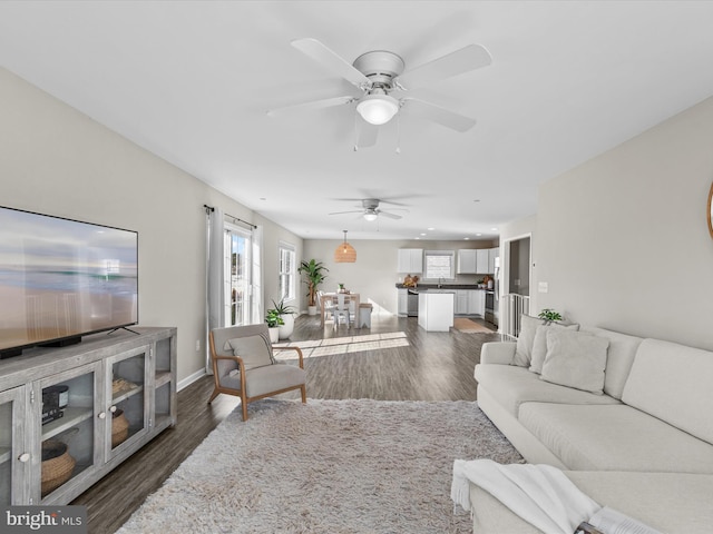 living room with ceiling fan, sink, and dark hardwood / wood-style floors