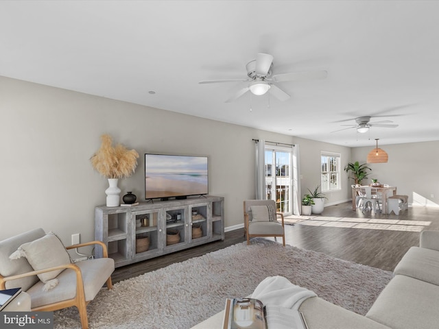 living room with dark hardwood / wood-style floors and ceiling fan