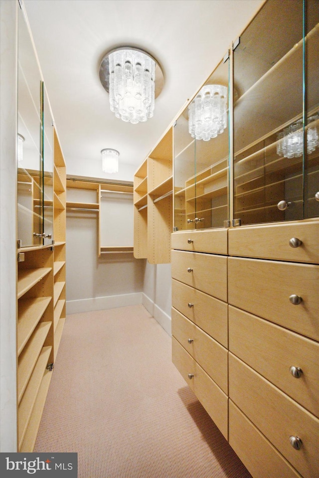 walk in closet featuring light carpet