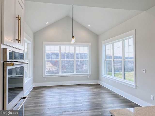 interior space featuring lofted ceiling and dark hardwood / wood-style flooring