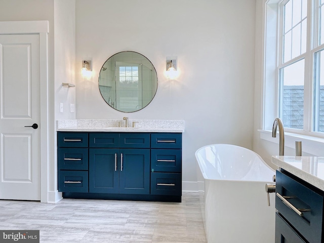 bathroom with vanity, a tub to relax in, and hardwood / wood-style flooring