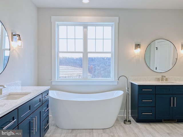 bathroom featuring vanity, hardwood / wood-style flooring, and a bathing tub