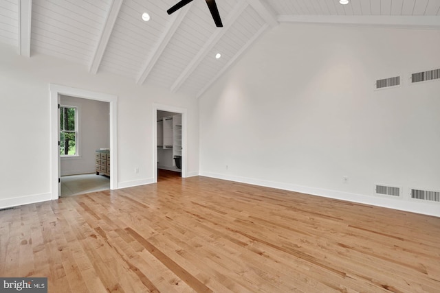 unfurnished living room featuring beamed ceiling, high vaulted ceiling, light wood-type flooring, and ceiling fan