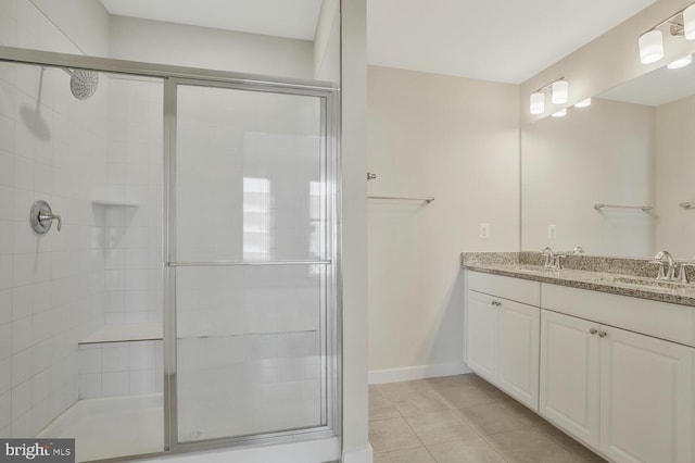 bathroom with vanity, tile patterned floors, and an enclosed shower