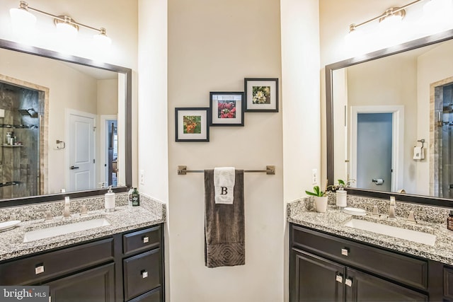 bathroom featuring vanity and a shower with shower door