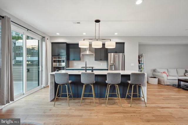 kitchen with decorative backsplash, a kitchen breakfast bar, light wood-type flooring, pendant lighting, and stainless steel appliances