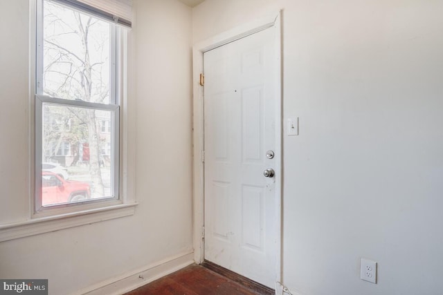 entryway featuring a healthy amount of sunlight and dark hardwood / wood-style flooring